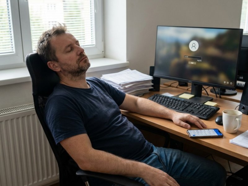 Unavený muž v kanceláři sedí u počítače a odpočívá se zavřenýma očima, symbol zahlcení prací a zbytečné složitosti moderního života.