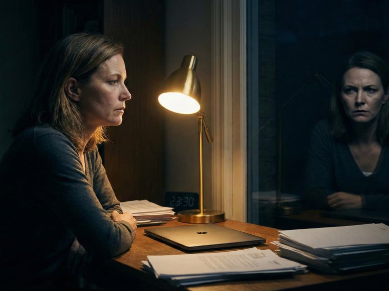 Žena reflektující svůj obraz v okně, symbolizující vnitřního kritika.