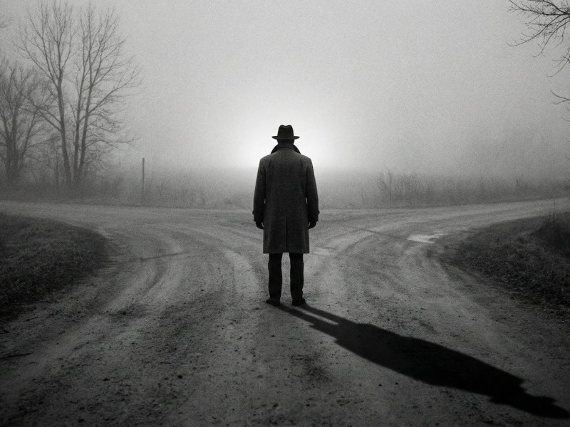 Silueta rodiče na rozcestí symbolizující volbu mezi sebou, dětmi a vnoučaty a stín viny.