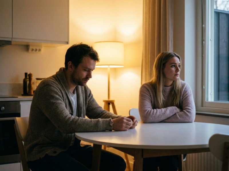 Muž a žena v napjatém tichu u stolu, ilustrace odcizení ve vztahu.