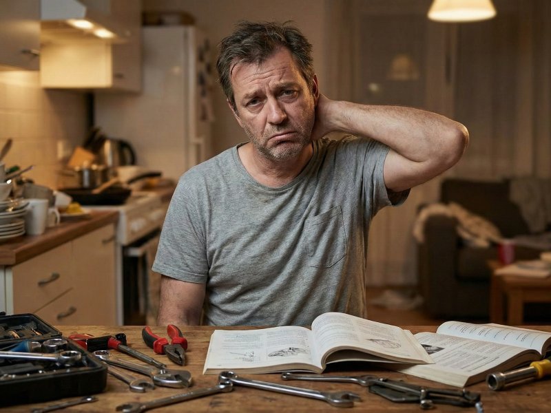 Muž prožívající paralýzu z analýzy před stolem plným nástrojů.