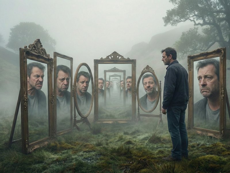 Muž hledící do nekonečného zrcadla v mlze symbolizující sebereflexi.