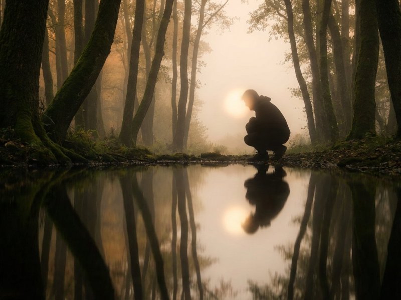 Muž hledící do klidné hladiny jezera v mlze jako symbol sebepoznání.