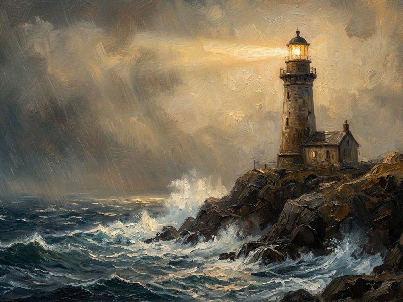 Maják v bouři symbolizující pevný bod v chaosu.