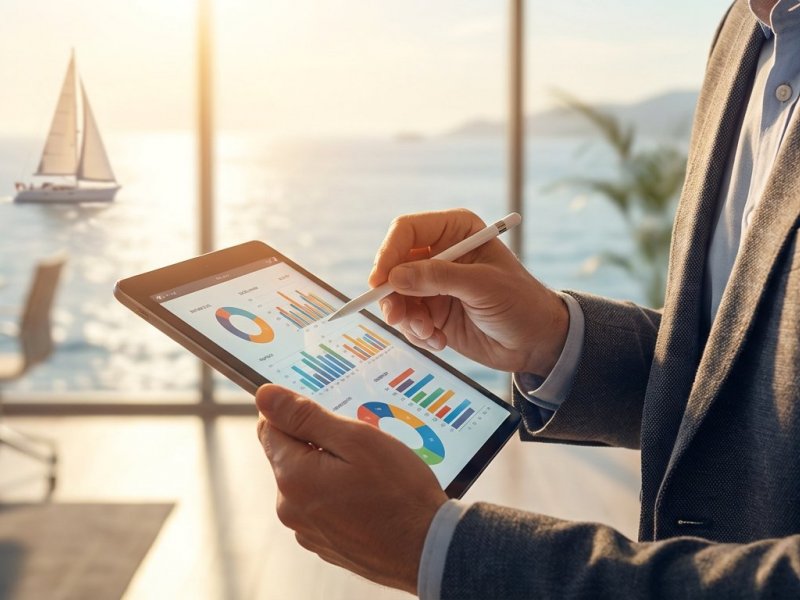 Muž analyzuje obchodní data a grafy na tabletu