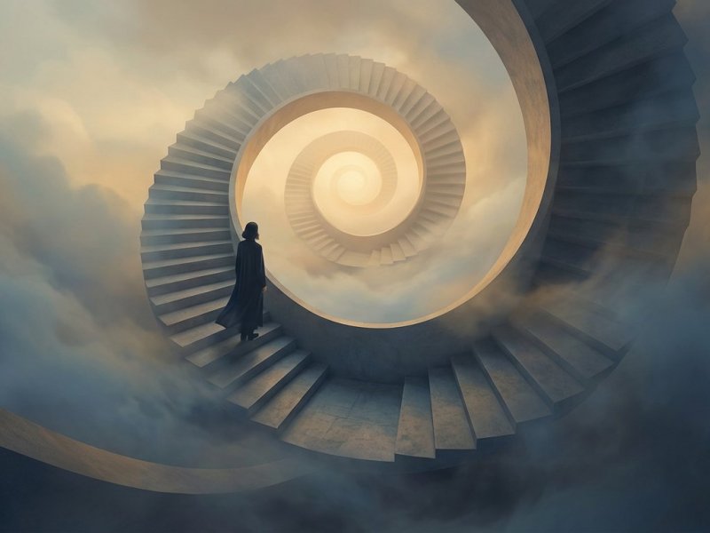 Abstraktní ilustrace procesu osobní změny jako stoupající spirály.